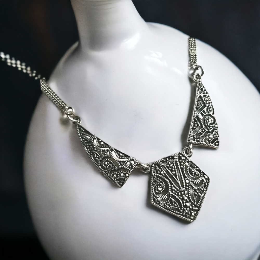 Vintage Art Deco 1920s Marcasite Sterling Silver Pendant Necklace - Picture 7 of 16